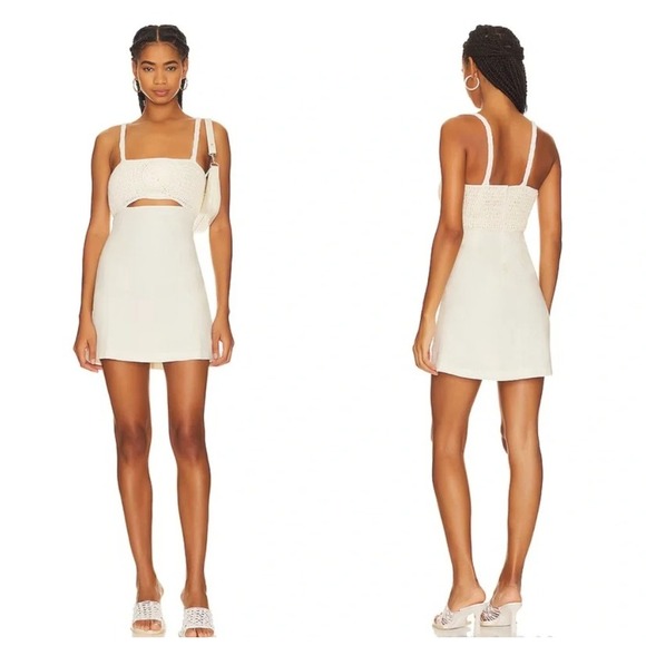 L'Academie Dresses & Skirts - L'Academie Lea Dress Linen Crochet Cutout Mini Dress Smock Back Cream White M